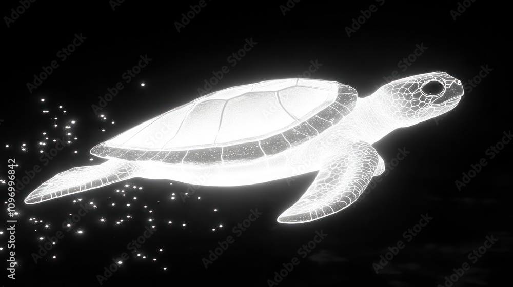 Poster a glowing, ethereal turtle swimming through dark waters, surrounded by sparkling particles.