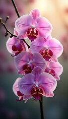 Obraz na płótnie Canvas Pink orchid flowers bloom on branch. Beautiful blossom flora. Fresh vibrant bouquet. Nature romantic plant. Magenta petals glow. Tropical exotic elegance. Spring floral design. Tenderness beauty.