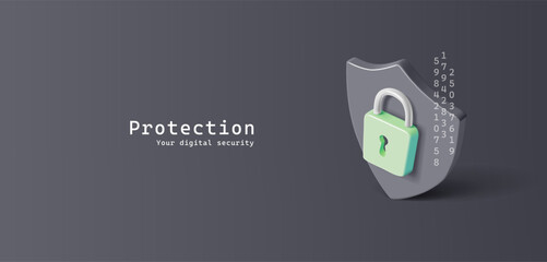 Protection, security banner. Dark shield, green lock, 3D. Realistic image for melon security concepts, cyber security. Vector illustration.