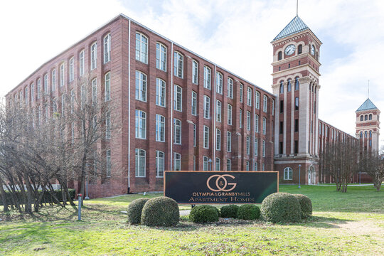 COLUMBIA, SC, USA-9 JANUARY 2020: Olympia & Granby Mills Apartment Homes, in buildings opened in 1899 as the largest cotton mill in the world under one roof.
