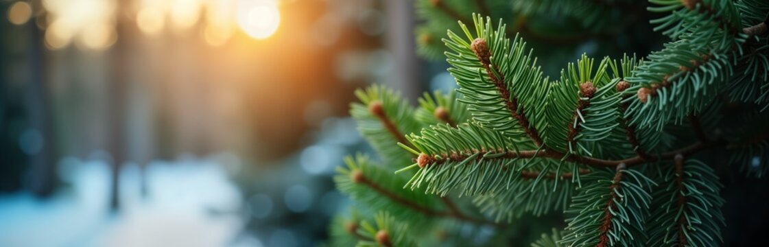 Closeup green fir tree branch. Winter forest background. Christmas holiday season. Nature plant texture. New Year card design. Spruce tree macro. Festive decor cone. Evergreen needle.