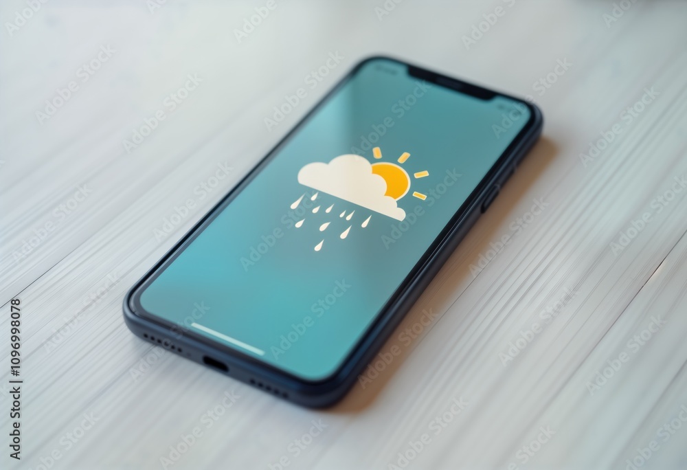 Poster smartphone displays sun and rain weather icon. mobile phone shows weather app. digital device screen