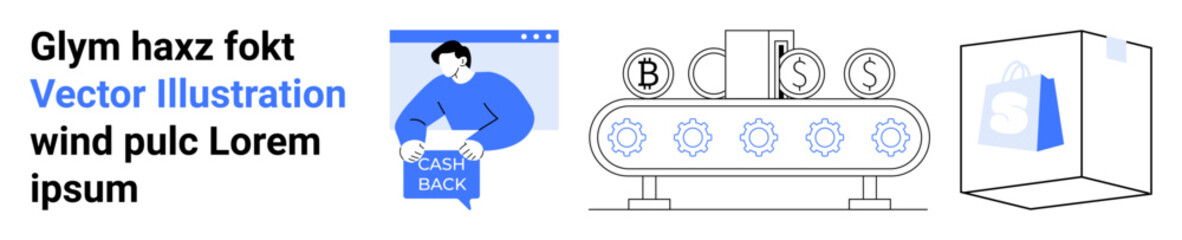 Man holding Cash Back sign, conveyor belt with currency symbols, and packaging box. Ideal for business, e-commerce, finance, advertisement, promotional materials, presentations, landing page