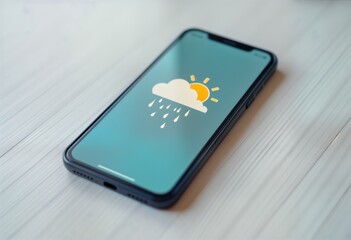 Smartphone displays sun and rain weather icon. Mobile phone shows weather app. Digital device screen shows partly sunny forecast. Rain clouds and sun symbol. Weather information on screen.