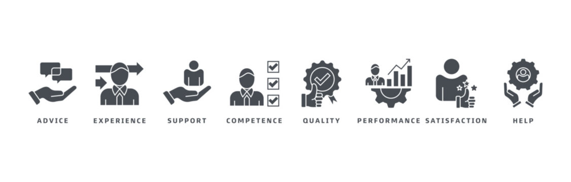 Web banner icon vector illustration design concept for customer service and technical support with advice, experience, support, competence, quality, performance, satisfaction, assistance and call cent