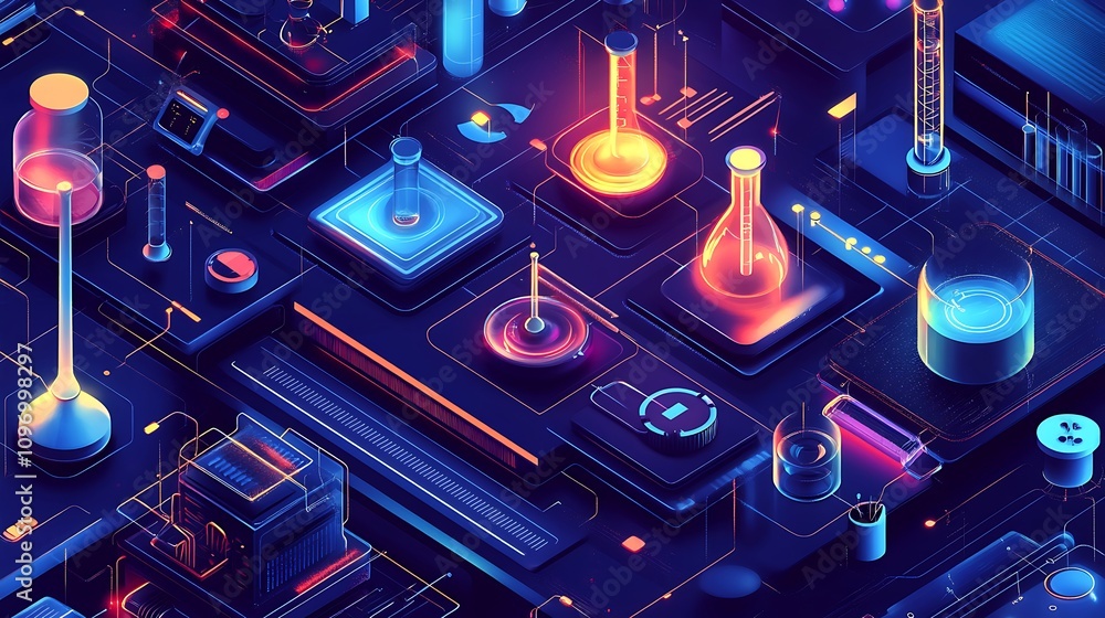Poster a state-of-the-art chemistry lab featuring ai-driven chemical reaction condition optimization and re