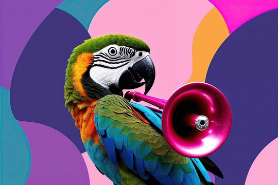Vibrant Parrot Art with Pink Trumpet in Abstract Style