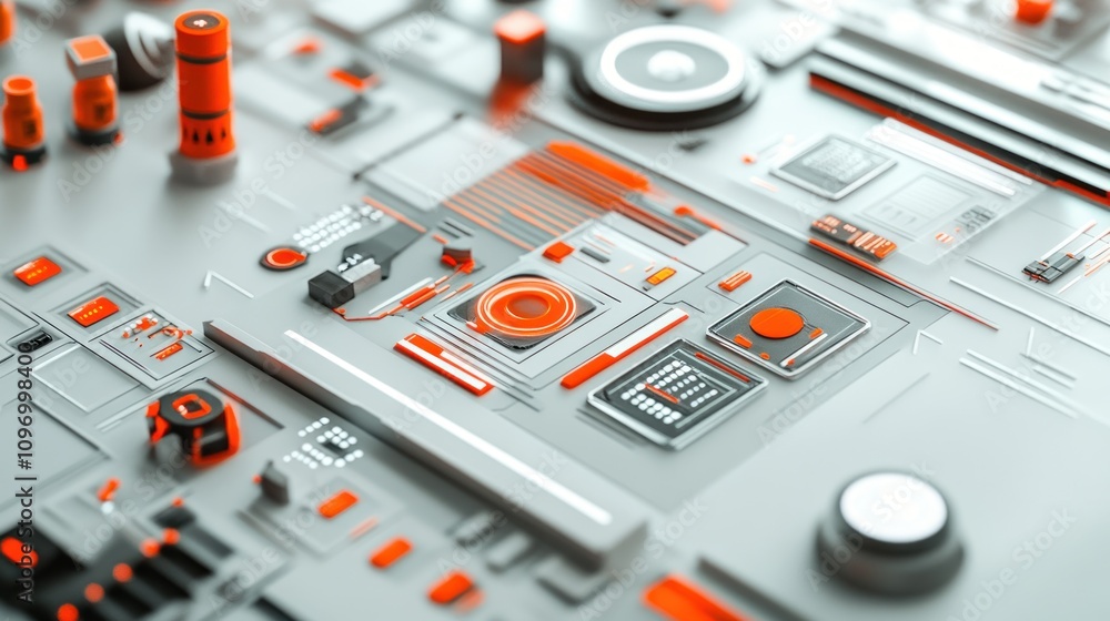 Poster abstract digital circuit board with orange accents, emphasizing technology and design.
