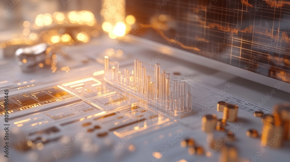 Poster a futuristic data analysis scene with graphs, charts, and coins, symbolizing finance.
