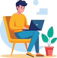 a boy is using his laptop vector