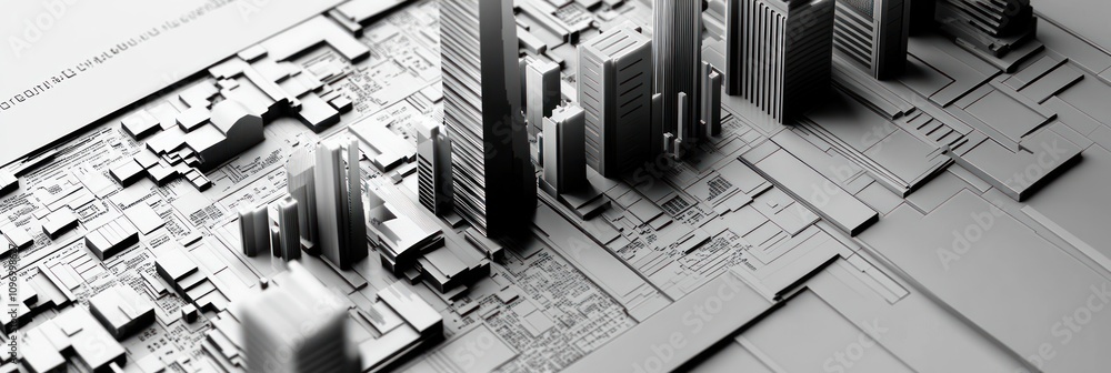 Poster a monochromatic 3d cityscape model showcasing urban architecture and design elements.