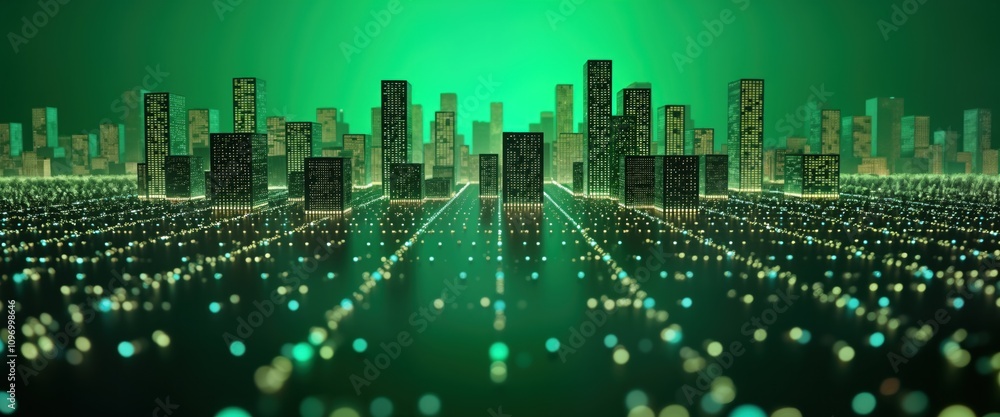Poster futuristic city lights illuminate green tech landscape. digital network connects glowing buildings. 