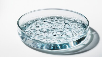 A glass petri dish filled with clear water. Droplets form on the surface, reflecting the light beautifully. Explore the elegance of simplicity in this image. Generative AI