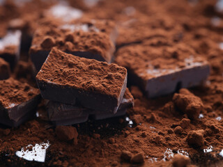 Broken homemade dark chocolate with cocoa powder on it. Low key. Close up.