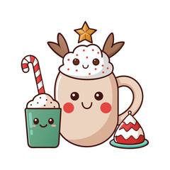 Christmas Drinks Vector Set - Cute Festive Beverage Illustrations with Mugs, Cocoa, and Mulled Wine for Holiday Decor