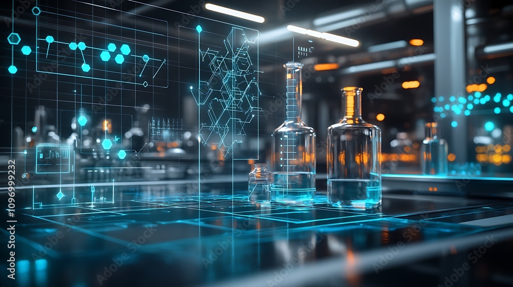 Aufkleber a high-tech chemistry lab with holographic models for studying complex reaction mechanisms and pathw