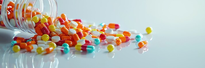 Colorful gel capsules and pills spilling from transparent jar. Medicine banner with copy space.