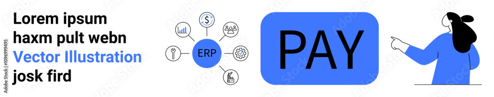 Poster woman pointing at large pay button next to text block with placeholder text and erp icons. ideal for
