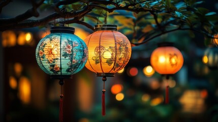 Obraz premium Illuminated Lanterns Hang From Branches At Night