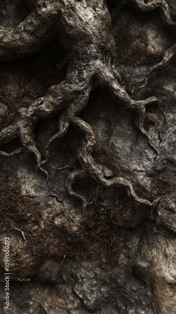 Poster a tree root is shown in a close up of a rock wall