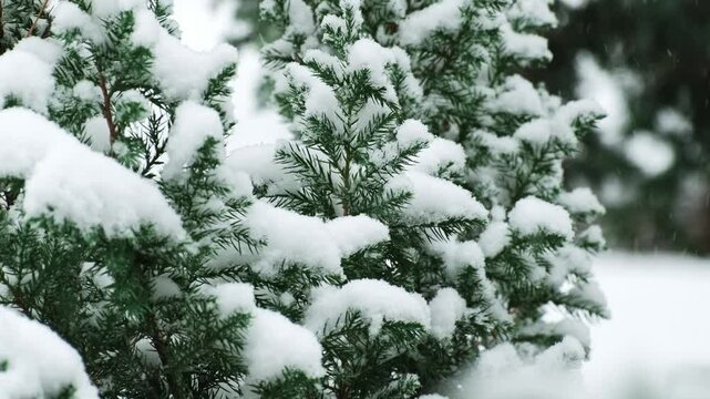 Winter scenery with snow falling on fir tree branch. Evergreen pine trees covered with fallen snow in winter forest. Christmas time Winter fairy tale. Snowing winter background. Falling snow. Snowfall