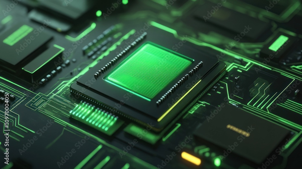 Aufkleber A close-up of a green-lit microchip on a circuit board, showcasing technology design.