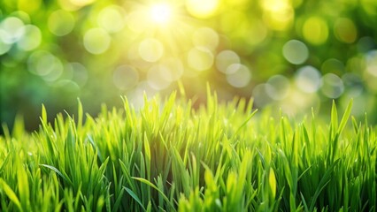 Fototapeta premium close up of green grass with blurred garden background 