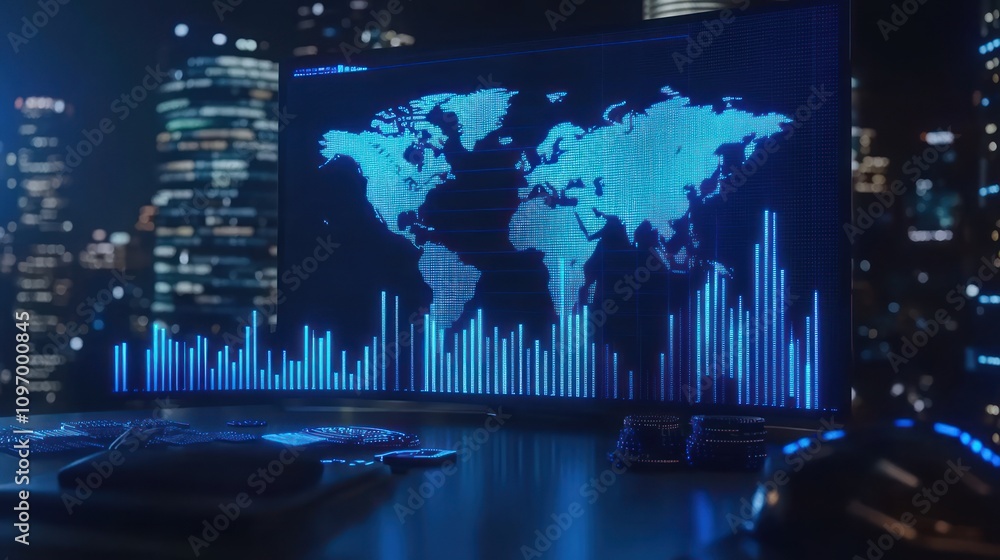 Poster A digital display showing a world map and data visualization in a modern cityscape.
