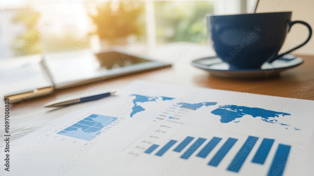 Aufkleber a workspace scene featuring charts and graphs alongside a cup of coffee and a tablet.