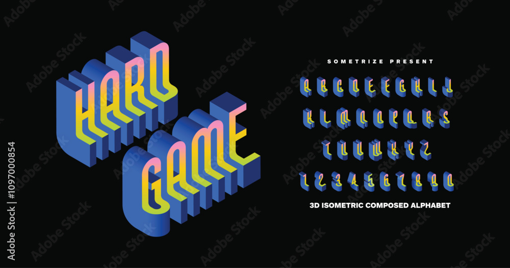 Poster hard game: a bold 3d isometric font with unique folded corners and multicolored elements. perfect fo