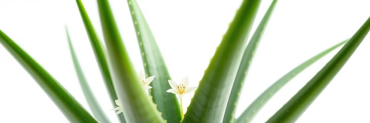Fototapeta premium Aloe vera plant with flowers blooming on a white background, aloe vera, bloom, garden