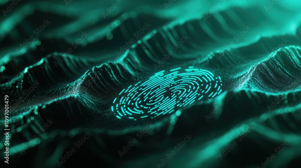 Fototapete Abstract representation of digital waves and patterns in a glowing turquoise environment.