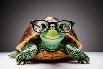 Cute Green Turtle with Glasses Against Studio Background