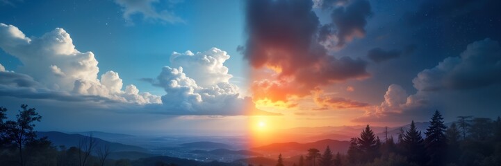 Obraz premium Day night sky panorama. Sunrise sunset cloudscape. Mountain range landscape. Nature scene. Weather forecast banner. Bright sun moon stars. Beautiful colors. Wide wallpaper. Climate change. Collage
