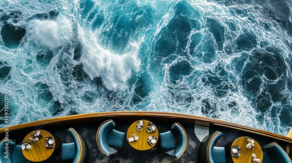 Poster A boat with a view of the ocean and a row of chairs with tables