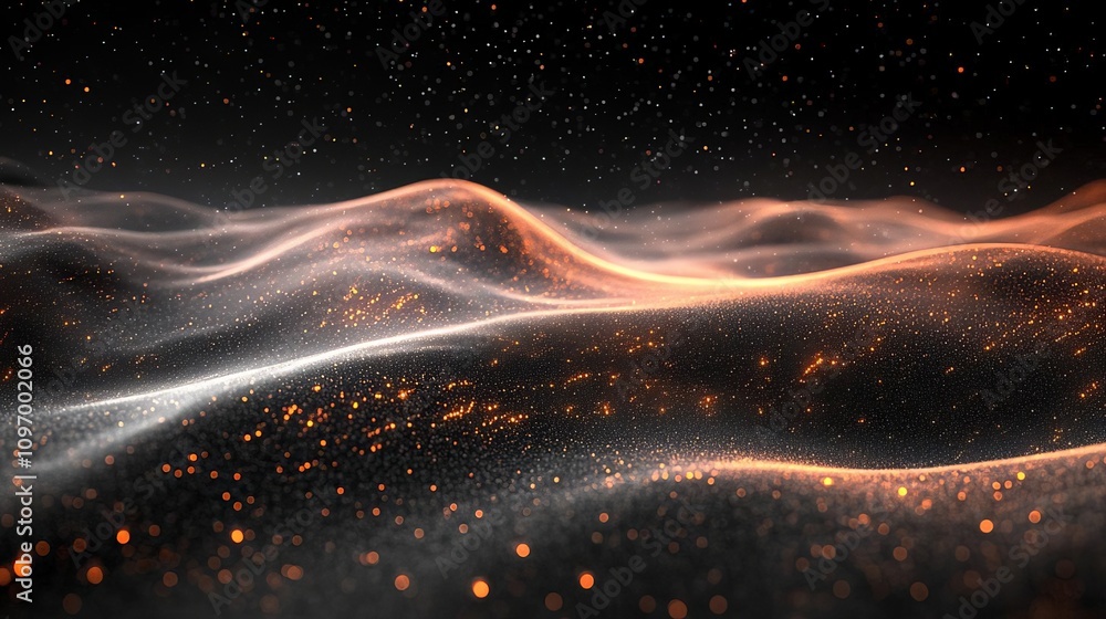 Poster a mesmerizing abstract landscape of fluid waves, composed of flowing particles and shimmering lights