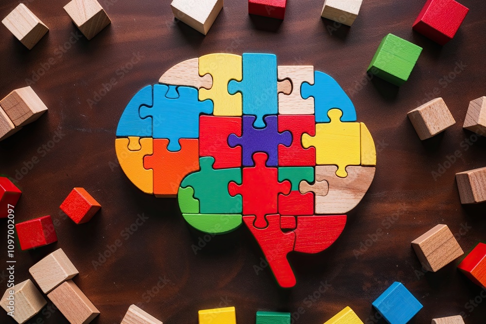 Poster brain shape created with wooden puzzle blocks for abstract thinking and cognition