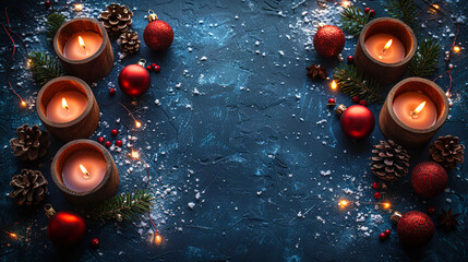 Christmas Ornaments with Candles and Pine Cones for room decoration and copy space 