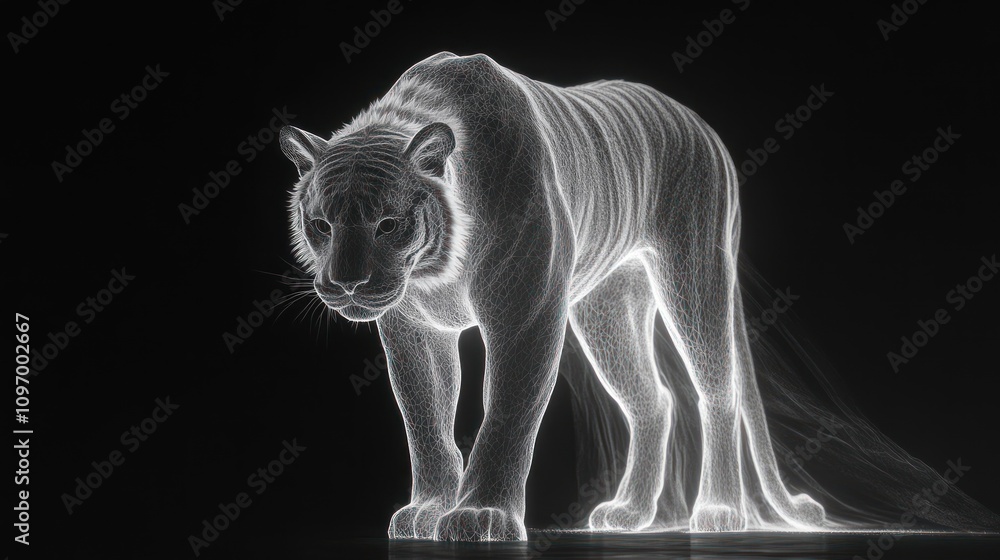 Poster A glowing, ethereal representation of a tiger, showcasing a skeletal structure in light form.