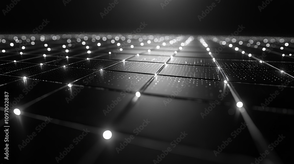 Poster a mesmerizing black and white view of a modern digital landscape, featuring luminous grid patterns a