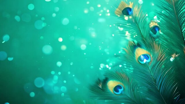 Vibrant peacock feathers in striking colors against a turquoise backdrop with a shimmering bokeh effect