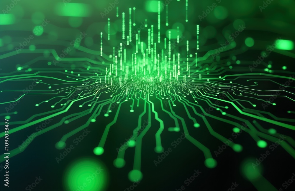 Fototapete Abstract green digital circuit board. Futuristic tech background. Data streams glow. Binary code flows. Modern AI concept. Network connection. Green tech future. Digital space. Cybersecurity system.