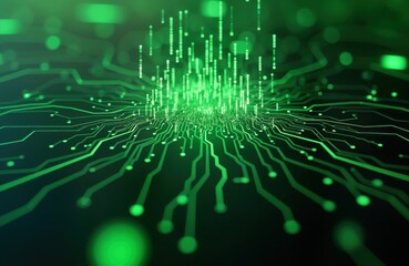 Abstract green digital circuit board. Futuristic tech background. Data streams glow. Binary code flows. Modern AI concept. Network connection. Green tech future. Digital space. Cybersecurity system.