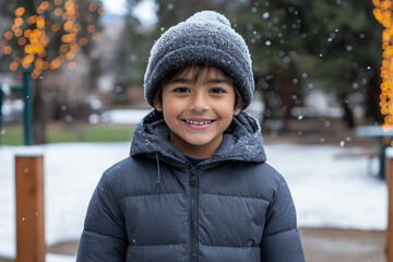 Young Hispanic boy smiling outdoors in the snowfall, bokeh lights in background