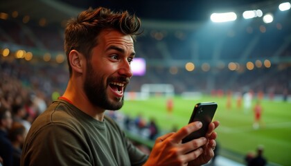 Excited man watches soccer match on phone. He celebrates winning sports bet. Happy fan at stadium. Man uses smartphone app for online gambling. Casino jackpot win.