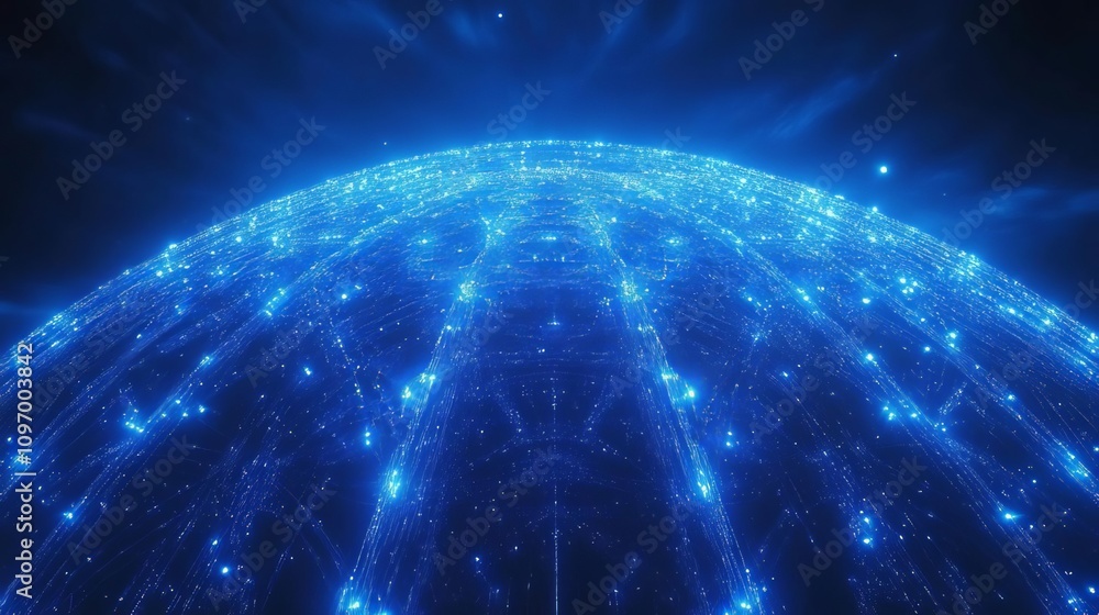 Poster a mesmerizing blue digital globe showcasing interconnected lines and glowing nodes, representing the