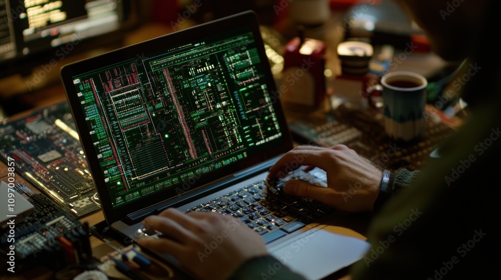 Poster A person typing on a laptop displaying complex digital circuitry and programming code.