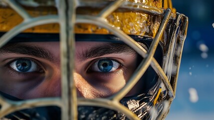 Intense young male ice hockey goalkeeper with striking blue eyes, wearing a yellow helmet, ready for action.