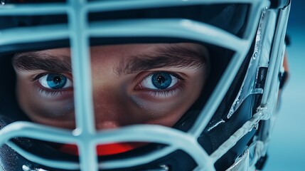 Close-up of a male hockey player’s intense gaze behind a helmet, showcasing determination and focus.