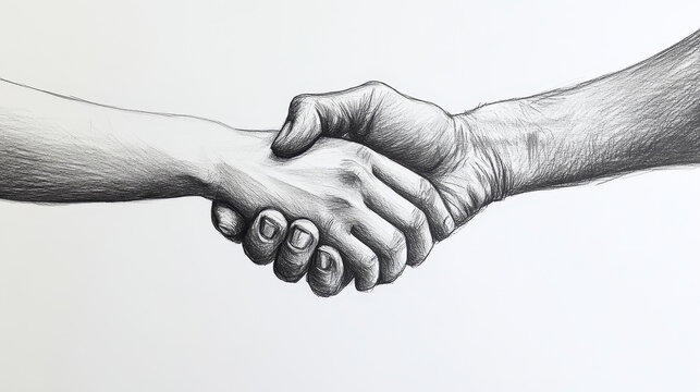 A sketch of an illustration handshake,  of two hands holding each other tightly..